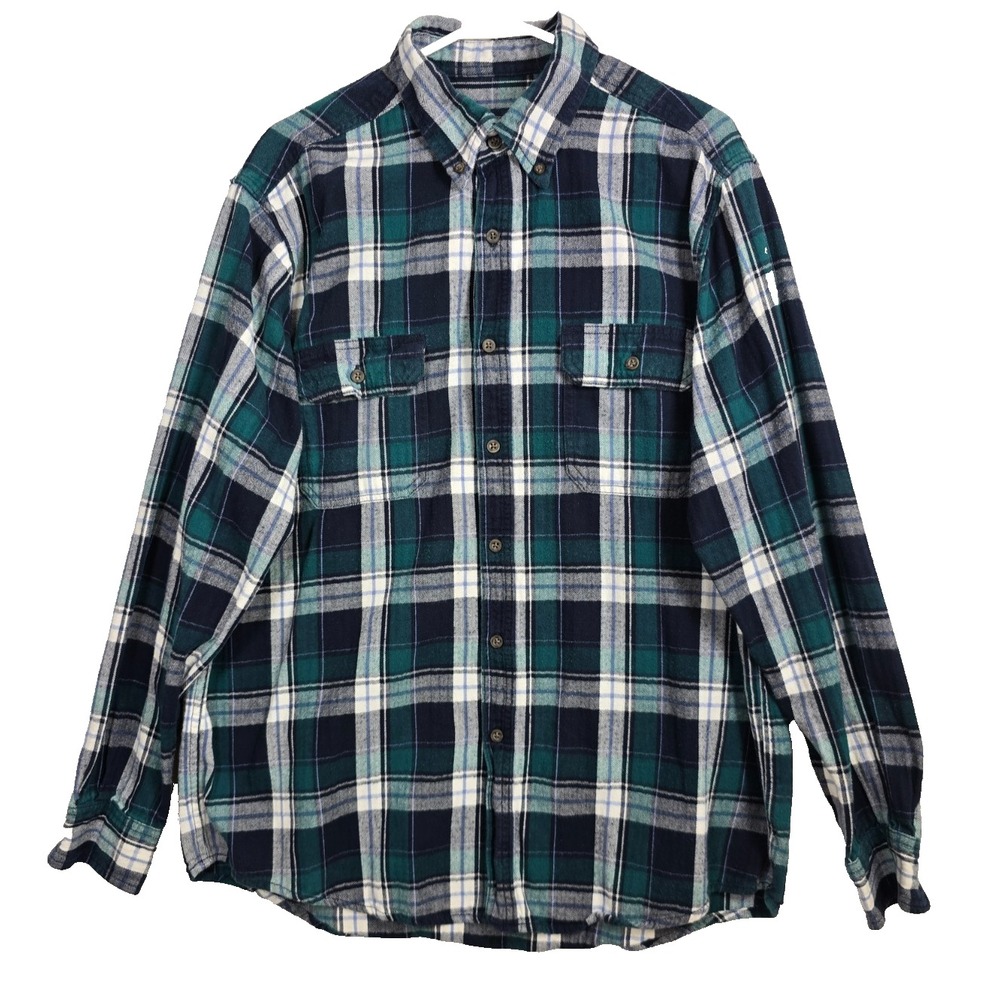Faded Glory Mens Plaid Flannel Shirt Large 42-44 Green & Blue Long Sleeve Cotton